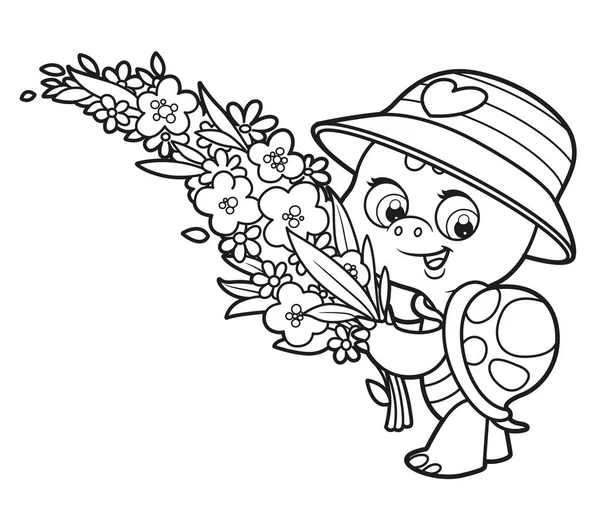 Cute Cartoon Turtle Panama Hat Carries Big Bouquet Flowers Outlined — Stock Vector