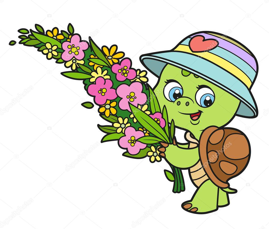 Cute cartoon turtle in a panama hat carries a big bouquet of flowers color variation for coloring page on white background