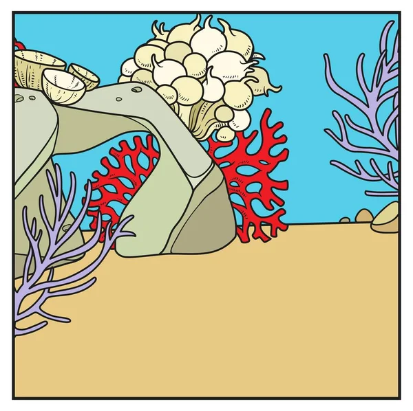 Υποβρύχια Κόσμο Απλό Τετράγωνο Φόντο Σφουγγάρια Πέτρες Κοράλλια Και Άλγη — Διανυσματικό Αρχείο