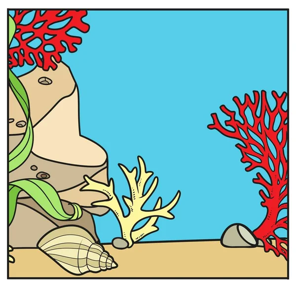 Mundo Subaquático Simples Fundo Quadrado Com Pedras Corais Concha Algas — Vetor de Stock