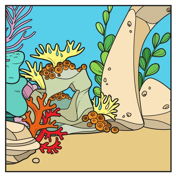 Unterwasserwelt Quadratischen Hintergrund Mit Den Steinen Korallen Schwämmen Und Algen — Stockvektor