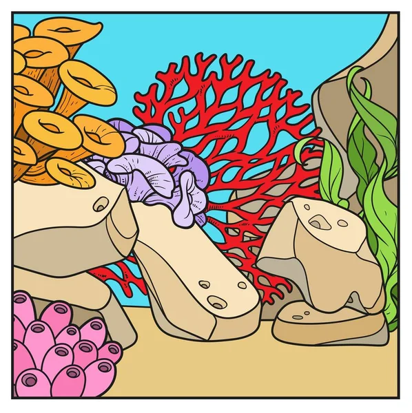 在水下世界的正方形背景中 珊瑚和海藻的颜色变化 以作为彩色页面 — 图库矢量图片