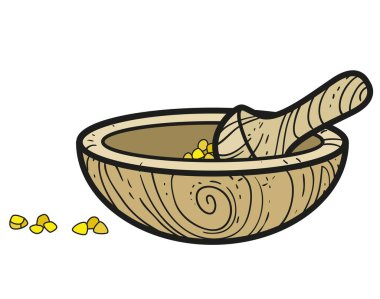 Beyaz arka planda renklendirme sayfası için özetlenmiş kristal malzemelerle ahşap havan ve tokmak.