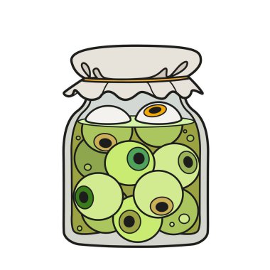 Beyaz arkaplan boyama sayfası için kağıt renkli varyasyonlarla kaplı büyük cam bir kavanozdaki simya içerikli gözler.