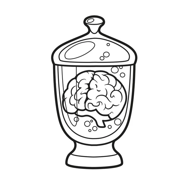 Cerebro Humano Frasco Vidrio Delineado Para Colorear Página Sobre Fondo — Vector de stock