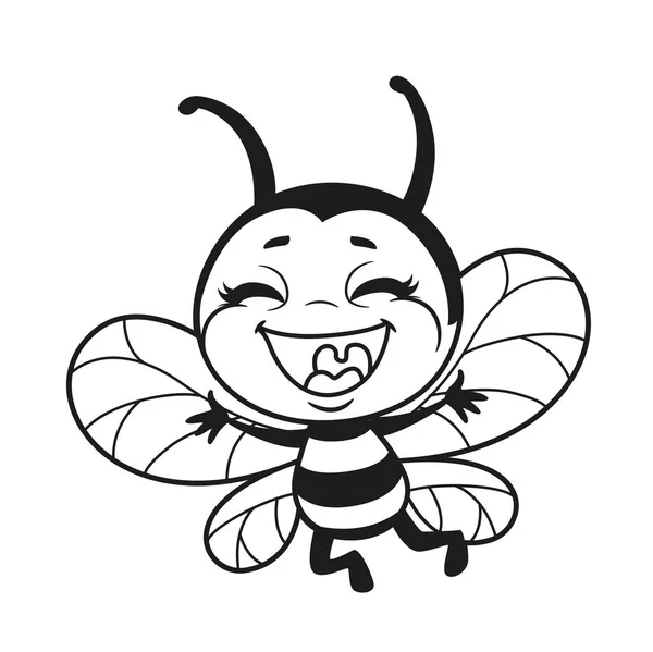 Cartoon Cute Bee Super Happy Flies Outlined Coloring Page White — Image vectorielle