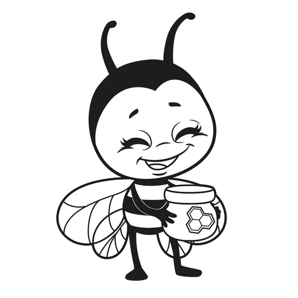 卡通可爱的蜜蜂拿着一小瓶蜂蜜 在白色的背景上涂上颜色 — 图库矢量图片