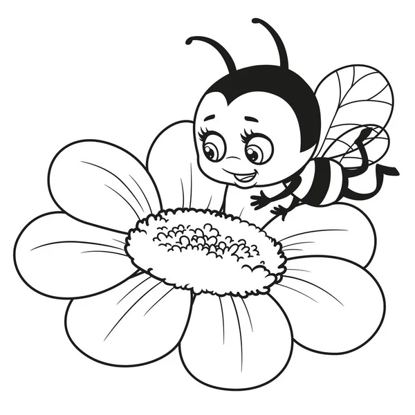 Cartoon Cute Bee Flies Flower Outlined Coloring Page White Background — Stock Vector