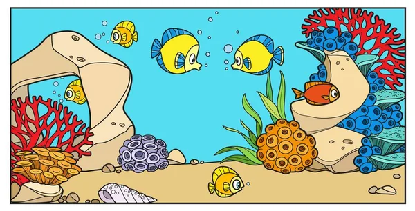 Underwater Inhabitants Backdrop Seabed Corals Algae Stones Seashell Anemones Color — Vector de stock