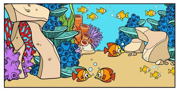 Lot Fish Background Seabed Stones Corals Anemones Starfish Algae Color — Vetor de Stock