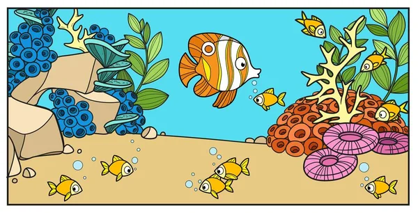 在海床的背景上有很多鱼 有石头 海葵和藻类的颜色变化 在白色的背景上有彩色的页面 — 图库矢量图片