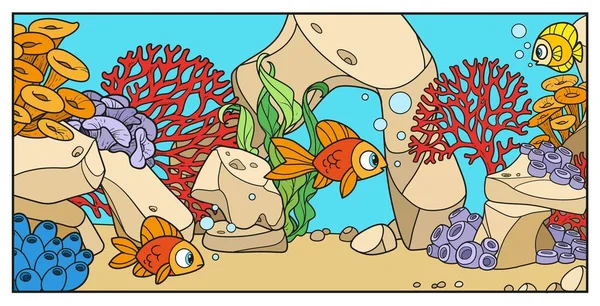 Beyaz arkaplandaki renklendirme sayfası için deniz tabanında kayalar, deniz şakayıkları ve yosun rengi varyasyonları bulunan karikatür deniz balıkları