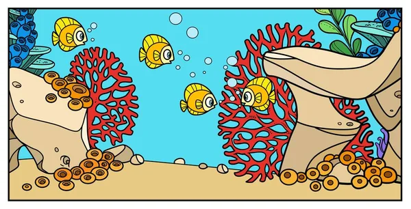 Ψάρια Στο Φόντο Του Βυθού Πέτρες Κοράλλια Ανεμώνες Και Άλγη — Διανυσματικό Αρχείο
