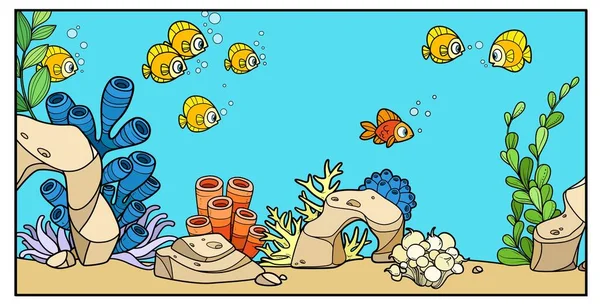 Fishes Backdrop Seabed Corals Algae Stones Anemones Color Variation Coloring — Vetor de Stock