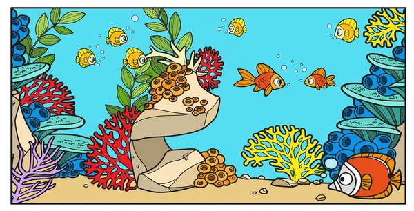 Ψάρια Στο Φόντο Του Βυθού Από Κοράλλια Φύκια Σφουγγάρια Πέτρες — Διανυσματικό Αρχείο
