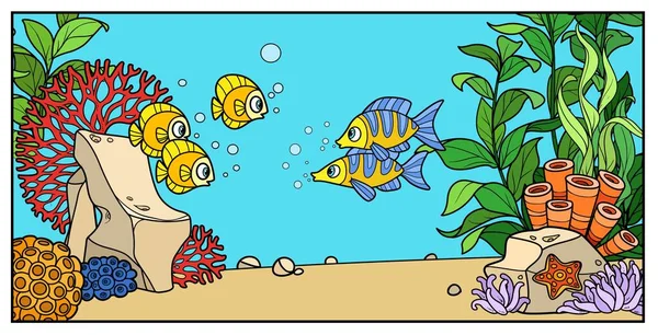 海底背景上的海鱼 以石头 海葵和藻类的颜色变化为着色页 — 图库矢量图片