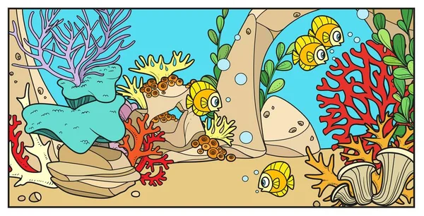 Schwarm Kleiner Fische Auf Dem Hintergrund Des Meeresbodens Mit Steinen — Stockvektor