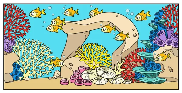 海底背景上的成群结队的小鱼 上面有石头 珊瑚和海藻的颜色变化 以适应彩色页面 — 图库矢量图片