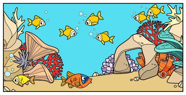 Kleine Fische Auf Dem Hintergrund Des Meeresbodens Mit Steinen Anemonen — Stockvektor