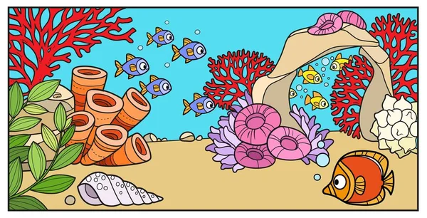 Pequeños Peces Marinos Pez Grande Fondo Del Fondo Marino Con — Vector de stock