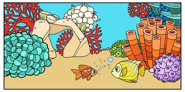 海底背景上的两条鱼 有石头 海绵和海藻的颜色变化 可作为着色页 — 图库矢量图片