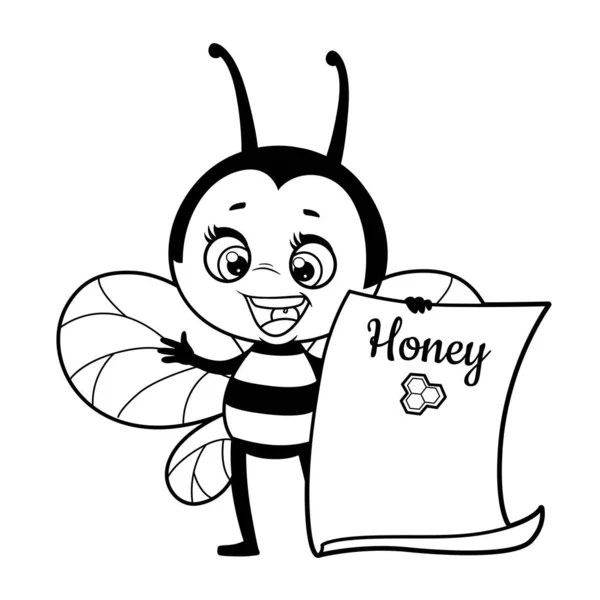 Label Design Cute Cartoon Bee Paper Outlined Coloring Page White — Vector de stock