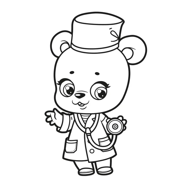 Cute Cartoon Baby Bear Dressed Doctor Phonendoscope Outlined Coloring Page — Stockvektor