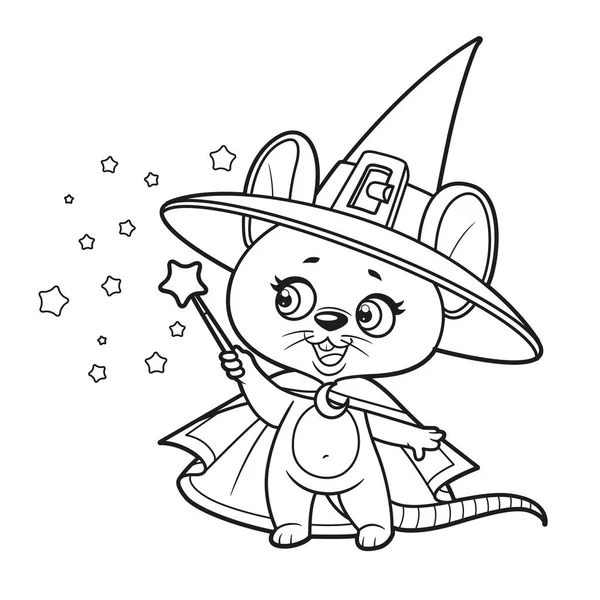 Cute Cartoon Mouse Wizard Magic Wand Outlined Coloring Page White — Image vectorielle