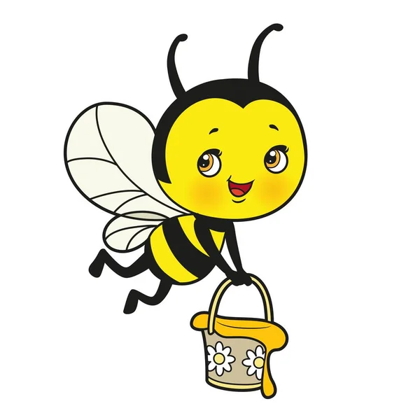 Cartoon Cute Bee Flies Bucket Honey Hands Color Variation Coloring — Stockvector