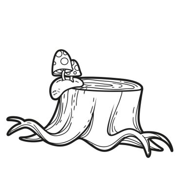 Zehirli mantarlı düşük kütük beyaz arkaplanda izole edilmiş renklendirme için agarik doğrusal çizim yapar