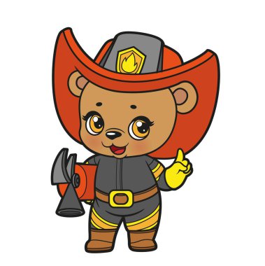 Cute cartoon baby bear dressed as a firefighter with a fire extinguisher in its paws color variation for coloring page on white background