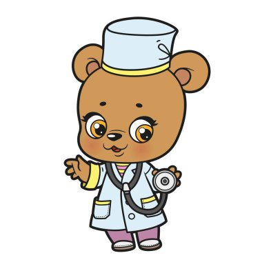 Cute cartoon baby bear dressed as a doctor with a phonendoscope color variation for coloring page on white background