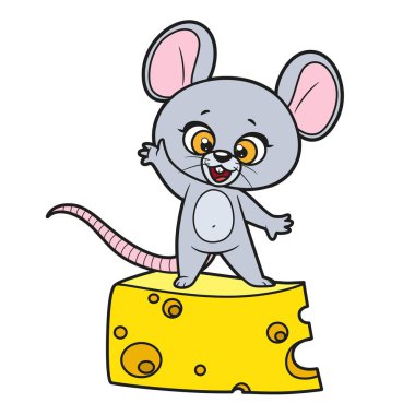 Cute cartoon mouse greets standing on a large piece of cheese color variation for coloring page on white background