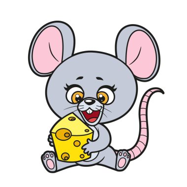 Şirin çizgi film faresi beyaz arkaplandaki renklendirme sayfası için pençe renginde peynir parçasına otur ve tut