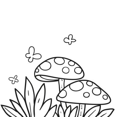 Two fly agaric mushrooms in the grass linear drawing for coloring isolated on white background