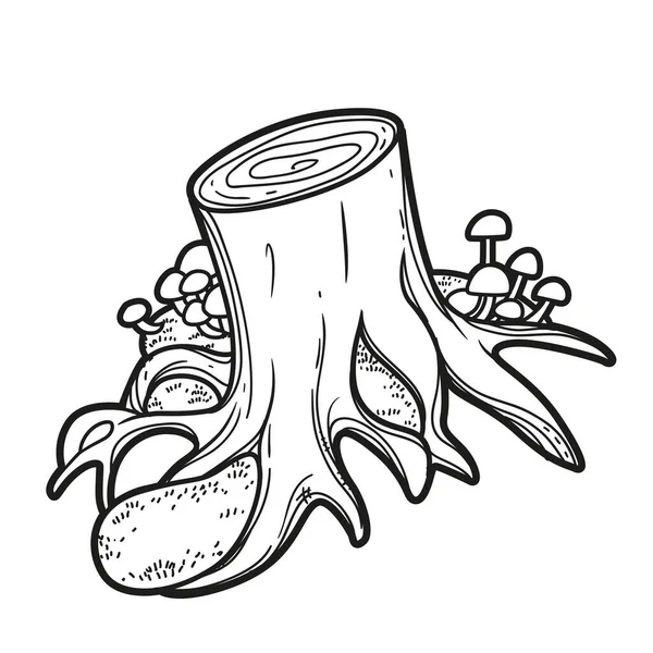 Old Stump Big Roots Mushrooms Linear Drawing Coloring Isolated White — 스톡 벡터