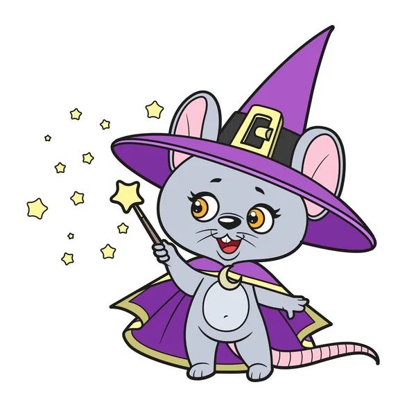 Cute Cartoon Mouse Wizard Magic Wand Color Variation Coloring Page — Stock vektor