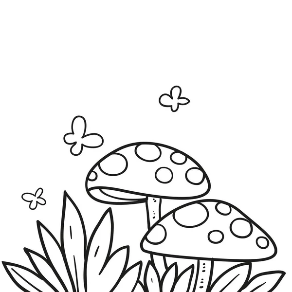 Two Fly Agaric Mushrooms Grass Linear Drawing Coloring Isolated White — Vector de stock