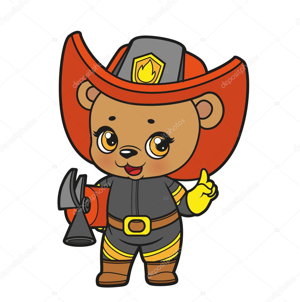 Cute cartoon baby bear dressed as a firefighter with a fire extinguisher in its paws color variation for coloring page on white background