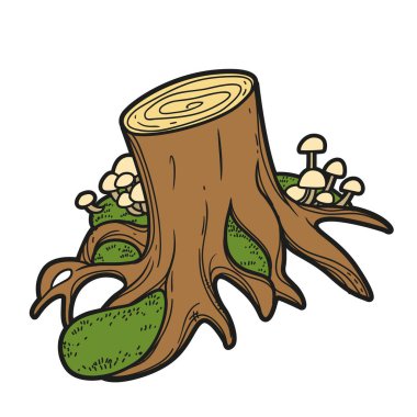 Beyaz arkaplanda izole edilmiş renk sayfası için büyük kökleri ve mantarları olan eski kütük renk varyasyonu