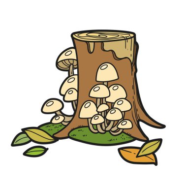 Beyaz arkaplanda izole edilmiş renklendirme sayfası için mantar ve yosun renk varyasyonlu uzun kütük