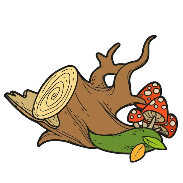 Half Uprooted Stump Mushrooms Moss Color Variation Coloring Page Isolated — Stockvector