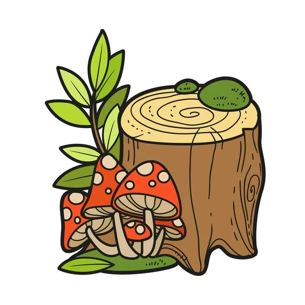 Little Stump Fly Agaric Moss Tree Sprout Color Variation Coloring — Stockvektor