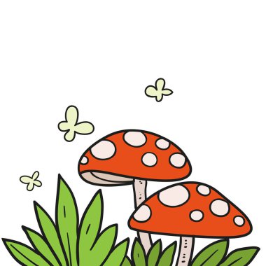 Two fly agaric mushrooms in the grass color variation for coloring page isolated on white background