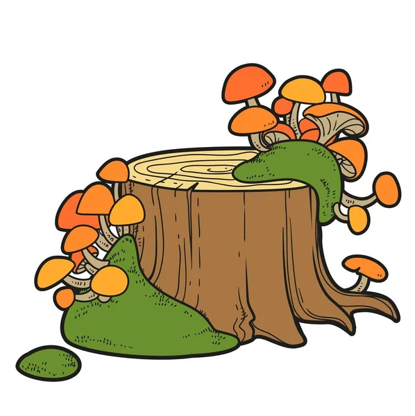 Big Stump Poisonous Toadstools Moss Color Variation Coloring Page Isolated — Vetor de Stock