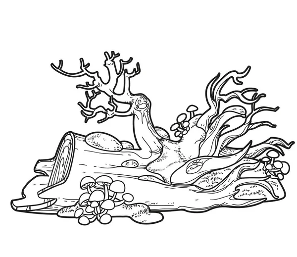 Entwurzelter Alter Baum Mit Moos Und Pilzen Überwachsen Lineare Zeichnung — Stockvektor