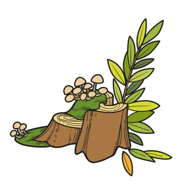 Beyaz arkaplanda izole edilmiş renklendirme sayfası için asalak aşırı büyümüş mantar ve yosun renk varyasyonu ile kütük