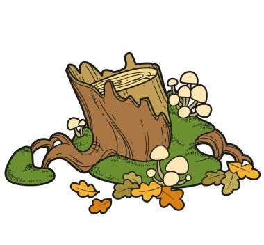 Beyaz arkaplanda izole edilmiş renklendirme sayfası için yosun ve mantar renk varyasyonlarıyla kaplı kütük