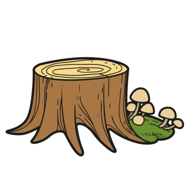 Beyaz arkaplanda izole edilmiş renklendirme sayfası için mantar ve yosun renk varyasyonlu düşük kütük