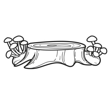 Beyaz arkaplanda izole edilmiş renklendirme için yosun ve peri mantarı doğrusal çizim ile alçak kütük